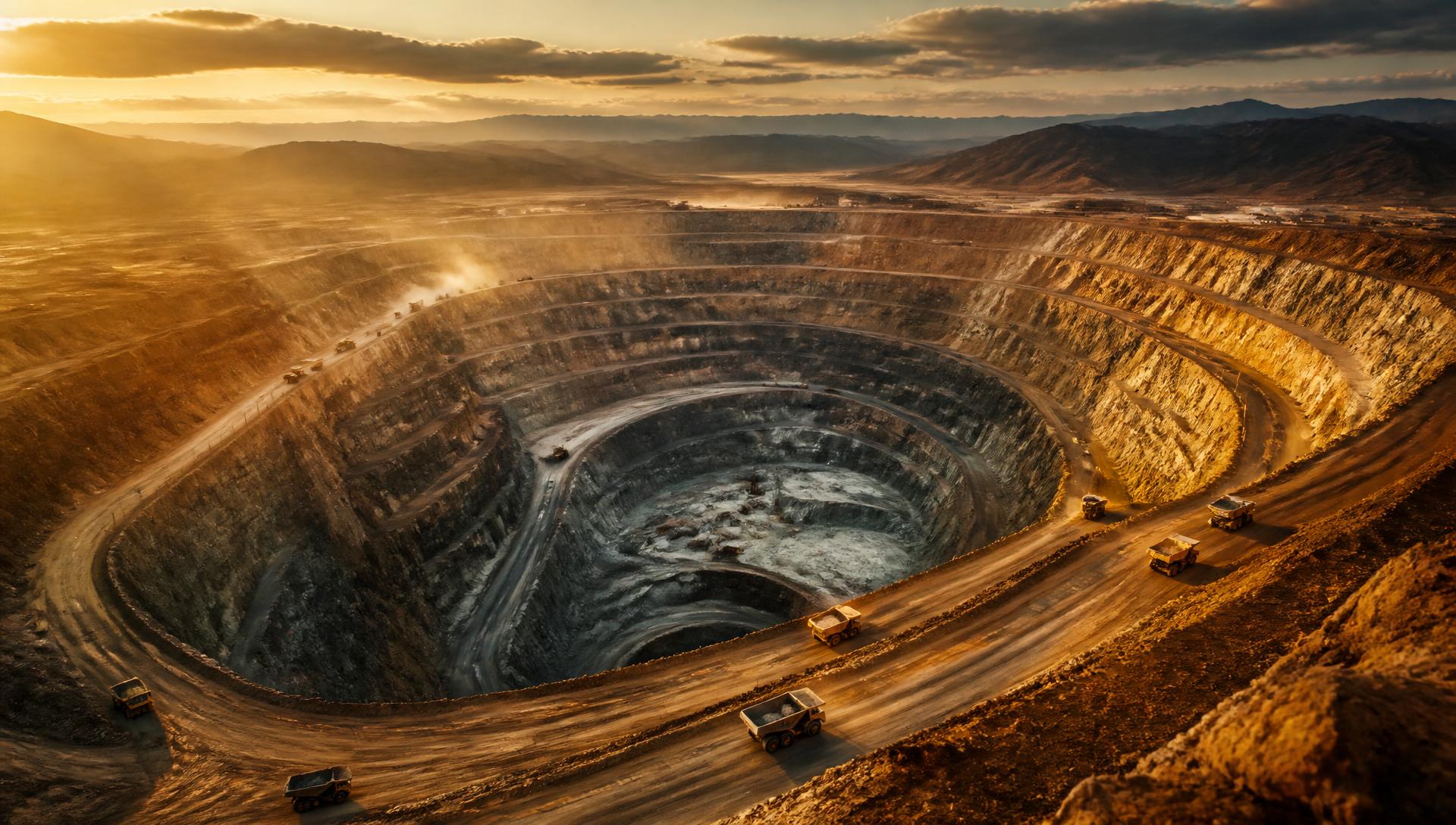 Aerial view of the TerraCore Cerro Prieto open-pit copper mine at golden hour