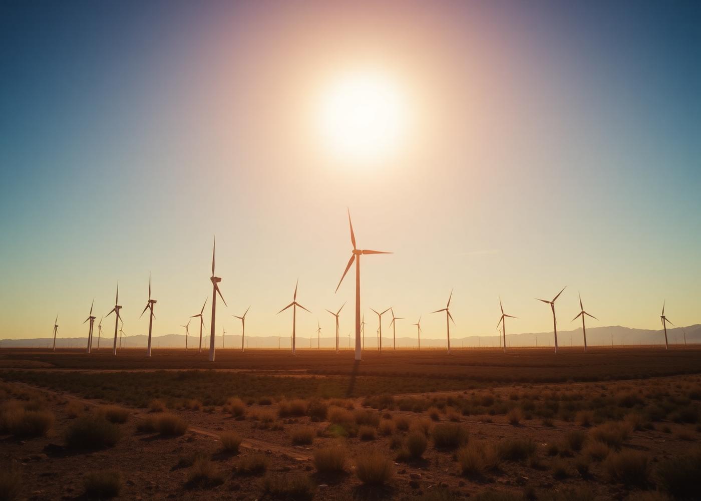 Wind farm on reclaimed mine land at dawn